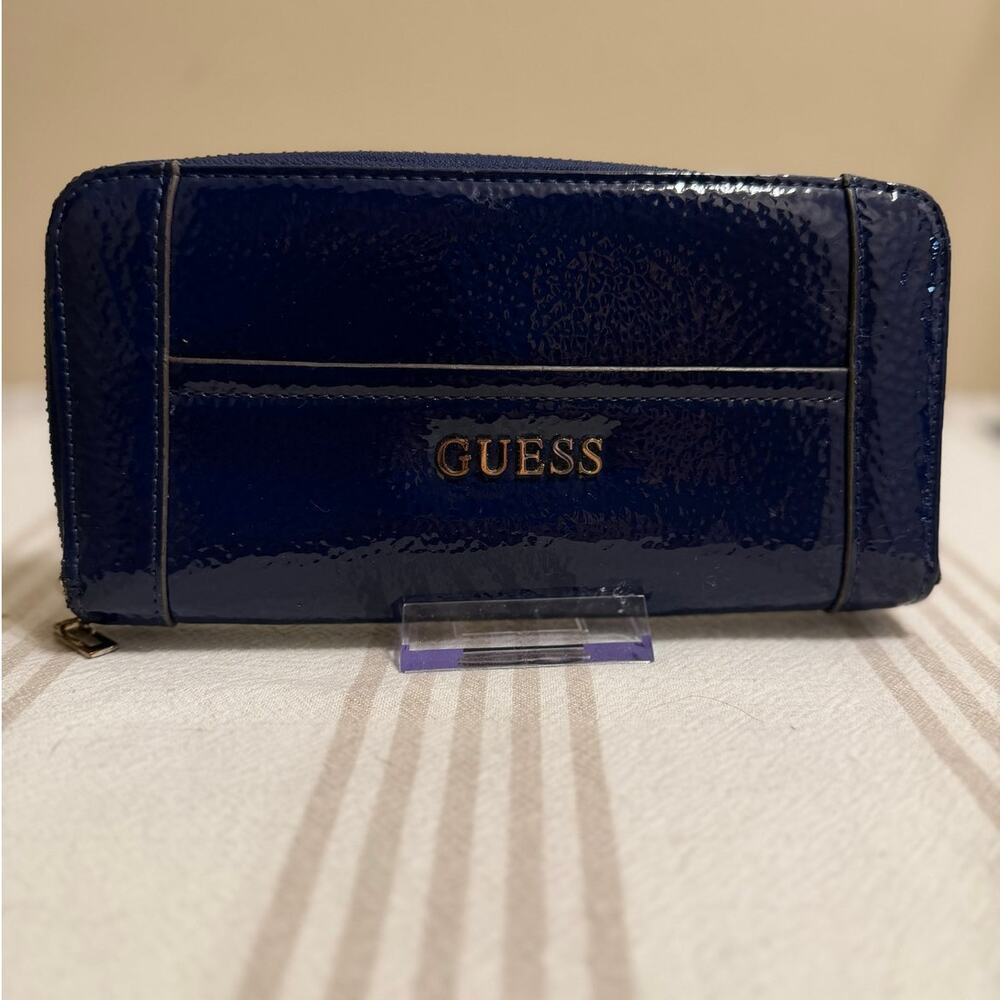 GUESS Navy Blue Patent Zip Around Continental Wallet Gold Tone Hardware